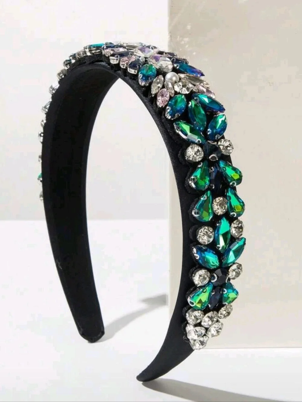 Baroque Embellished Black Headband with Green & Blue Crystal Accents